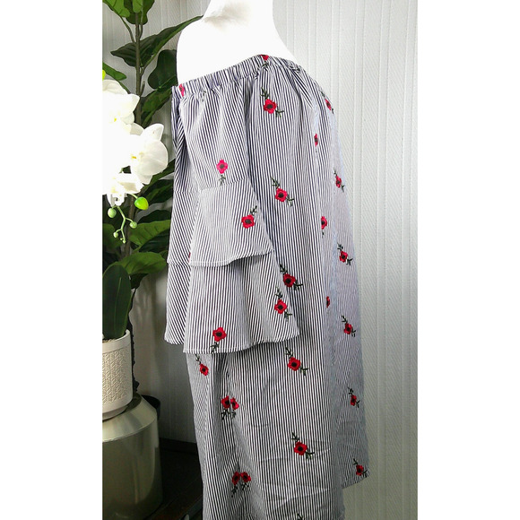 Betsy Johnson Women's Size 16 Off the Shoulder Blue Stripe Ruffle Dress Flowers - Picture 4 of 7